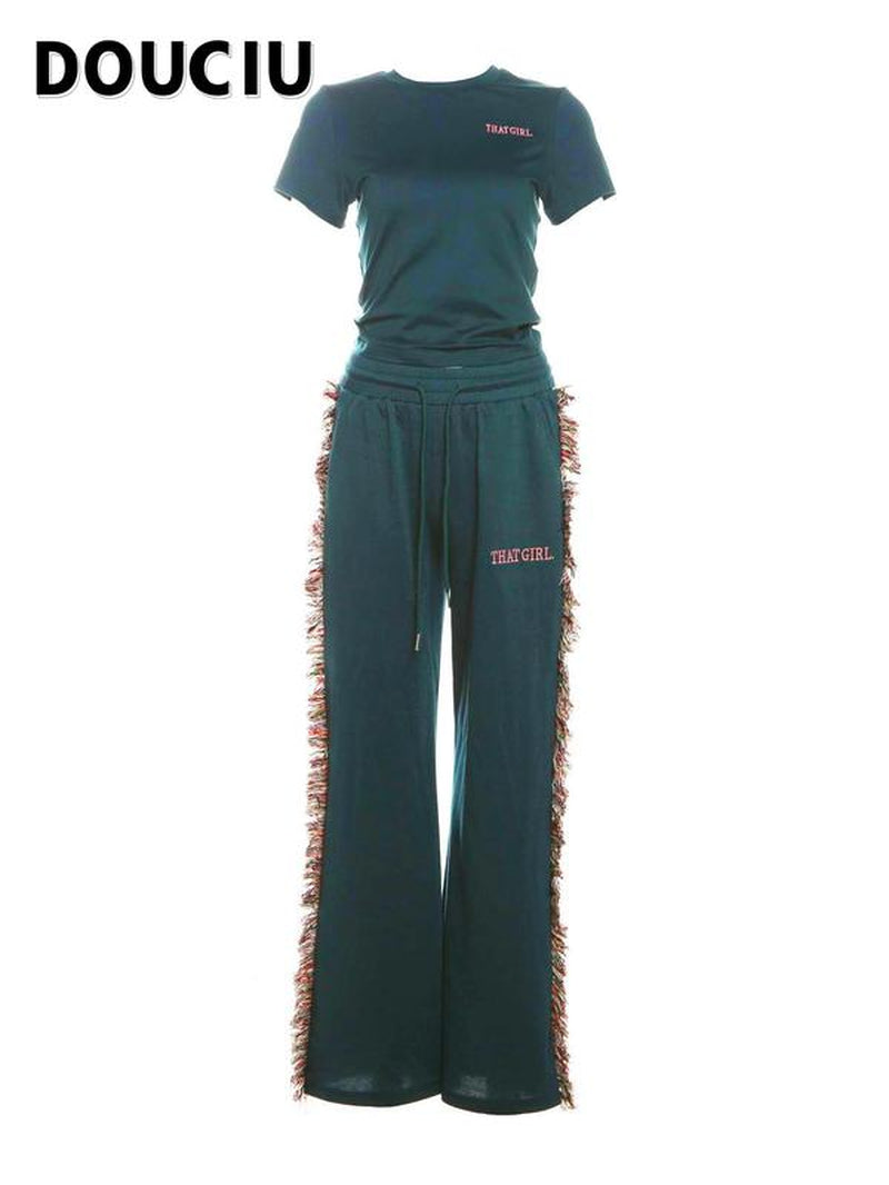DOUCIU Women'S Letter Embroidery Fringe Trim Fleece Sweatpants Set, Casual Street Short Sleeve T-Shirt & Tie Front Trousers for Daily Wear, Ladies Summer Clothes